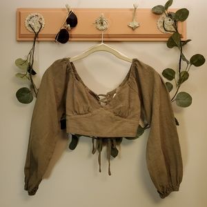 Princess Polly | Crop Top Khaki Green Tie Back Long Sleeve Size 0